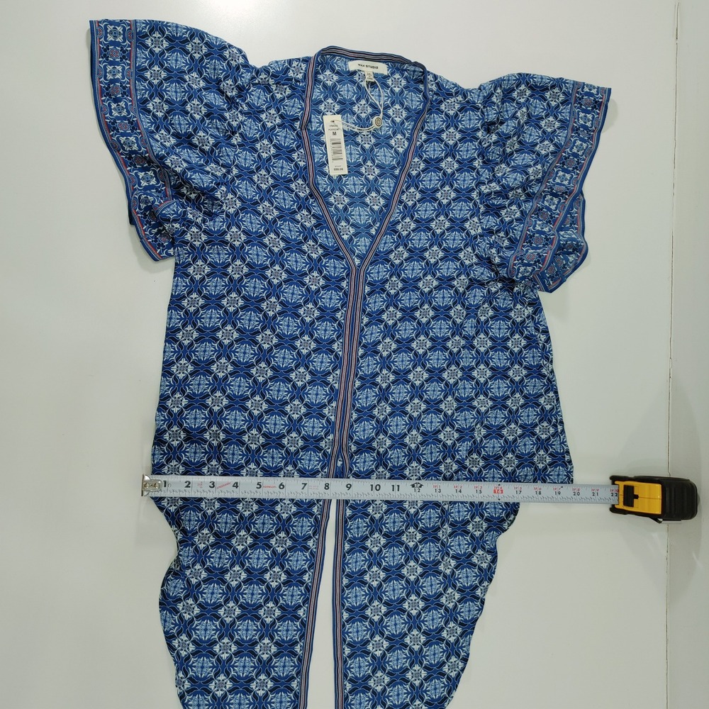 Max Studio Blouse Tie Front Blue‎ Patterned Ruffle Sleeve Size M Pull Over - Picture 6 of 9